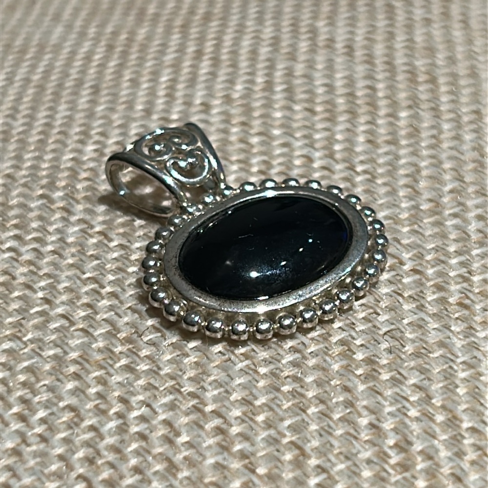 Sterling Silver Onyx Cabochon Oval Beaded Filigree Pendant NV Nevada Ornate 925 - Picture 6 of 10